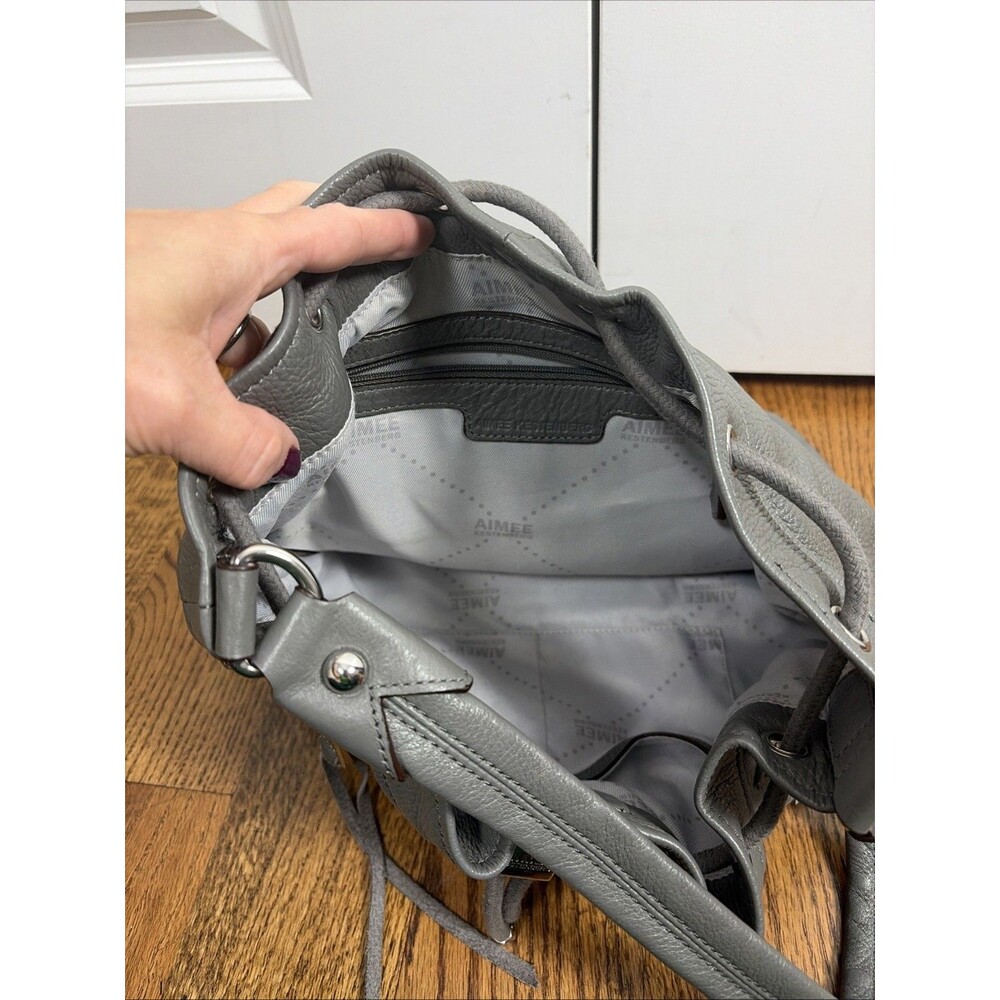 Aimee Kestenberg Gray Leather Bucket Hobo Drawstring Bag / Purse Silver Hardware - Picture 5 of 8